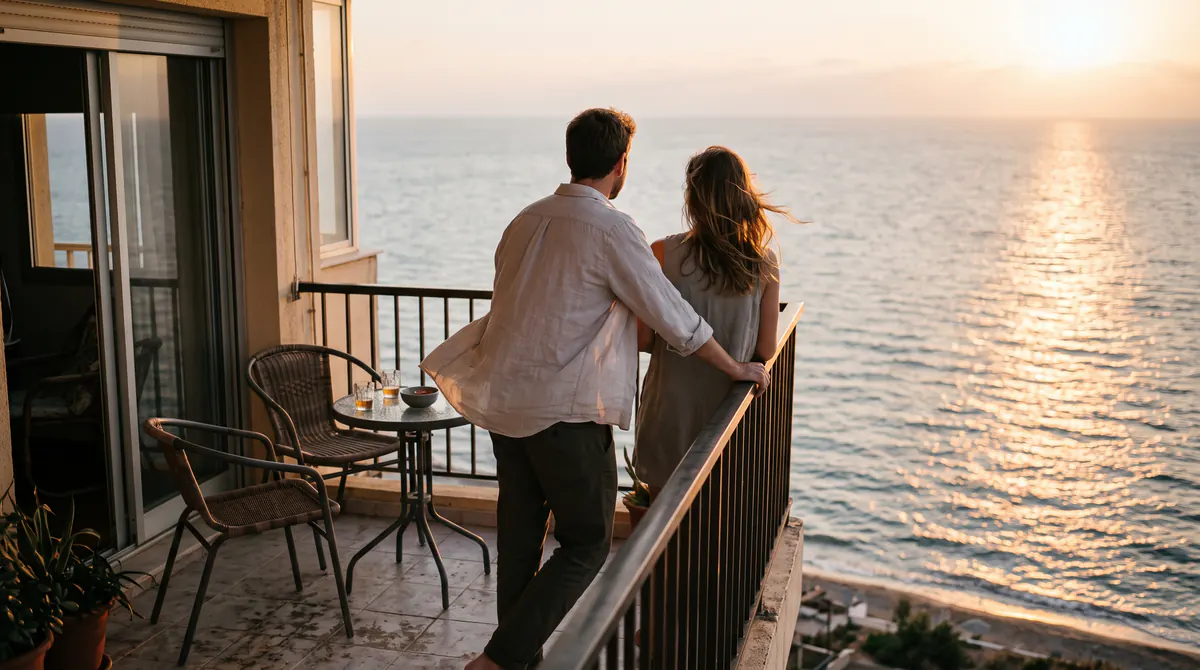 Un couple de dos à la rambarde d’un balcon, fin de journée sur la mer, deux chaises et une petite table