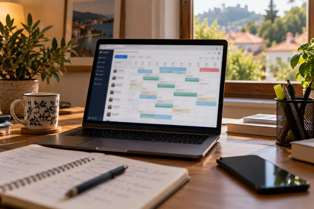 Laptop on a home office desk showing a booking calendar with reservations from several channels