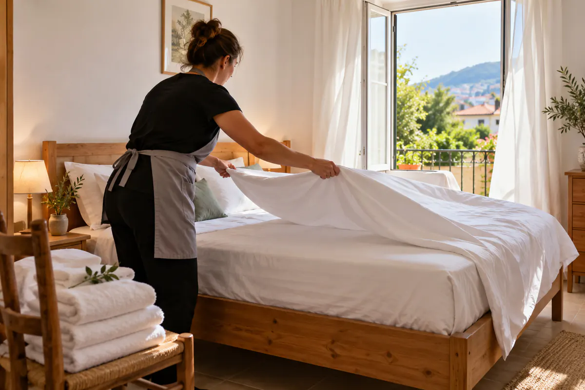 Camareira troca a roupa de cama entre um hóspede e outro