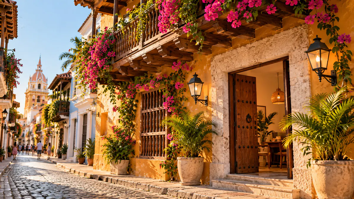 Casa colonial con balcón de madera y buganvillas en una calle empedrada del Caribe colombiano