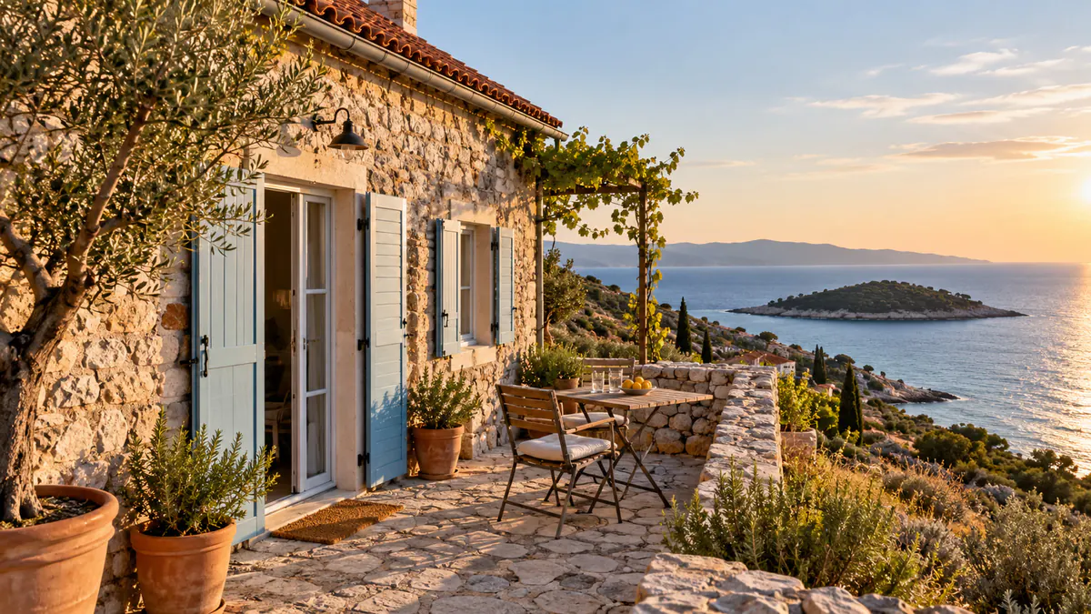 Casa de piedra con contraventanas azules y terraza con vistas al mar al atardecer