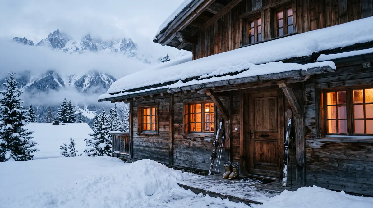 Appartement dans un chalet de bois sous la neige, chaussures de ski à la porte, nuage sur les sommets, lumière chaude à la fenêtre