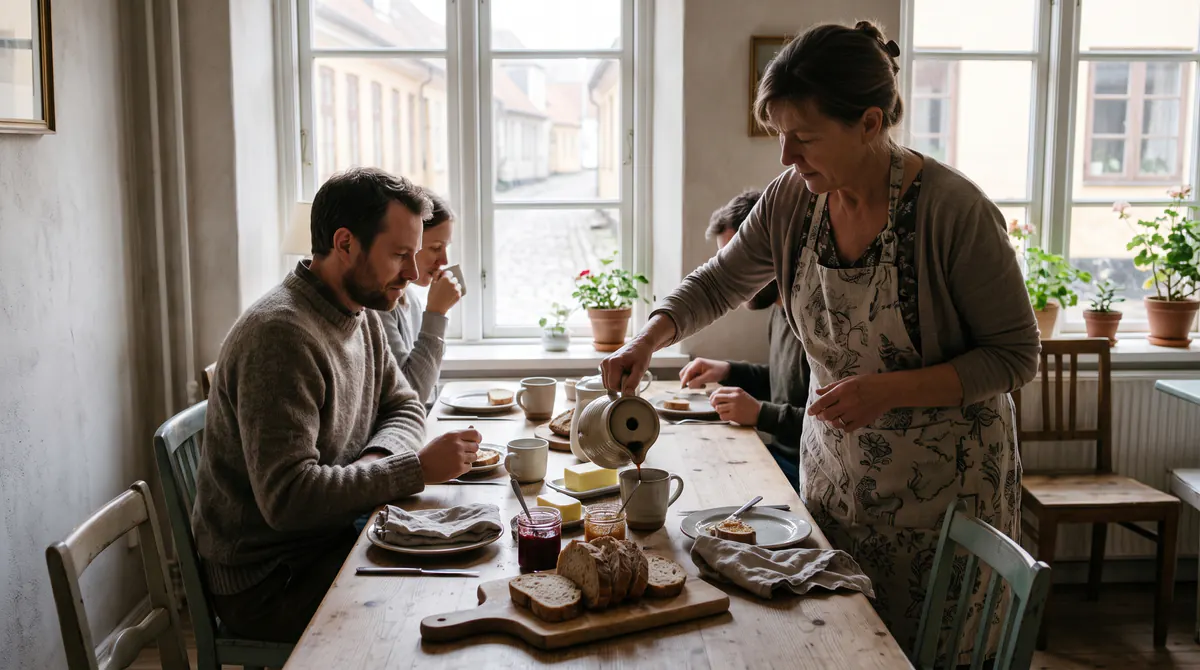 L’hôte verse le café à la table du petit-déjeuner, hôtes assis de profil, pain et confiture, fenêtre sur une rue calme