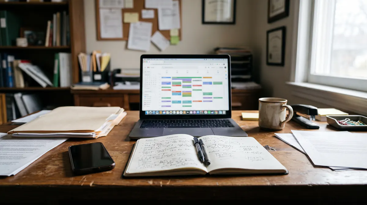 Ordinateur sur un bureau, grille de calendrier aux barres colorées trop floues pour être lues, carnet et téléphone face contre table