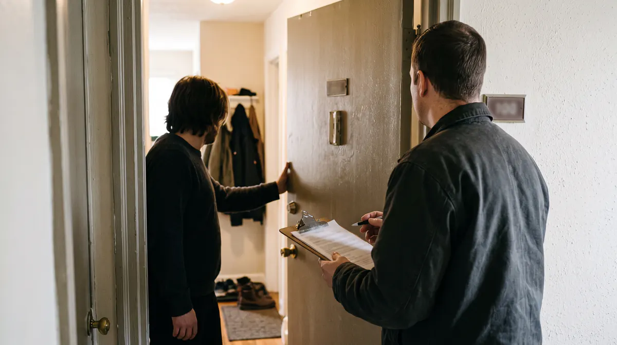 À une porte d’appartement ouverte, un visiteur avec une planche face à l’intérieur et l’hôte dans la pièce, visages tournés, lumière du jour