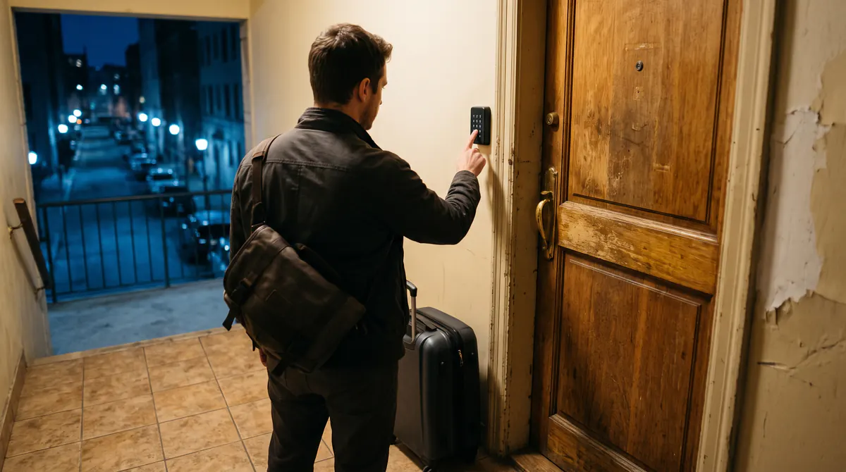 Voyageur de dos compose un code sur le clavier d’une serrure, valise et sac au pied, cage d’escalier la nuit