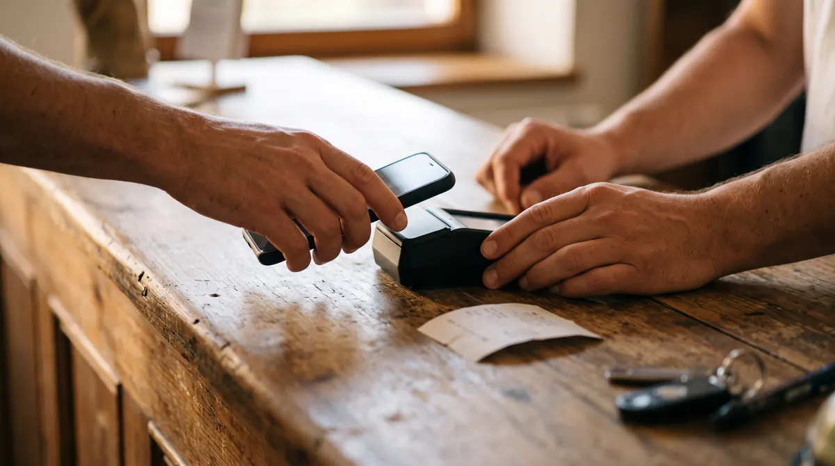 Mains au-dessus d’un comptoir en bois, un voyageur approche un téléphone d’un petit terminal, écran tourné, ticket illisible