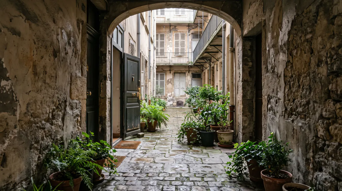 Passage en pierre à Lyon ouvrant sur une cour humide, plantes en pots, porte d’appartement entrebâillée, lumière grise