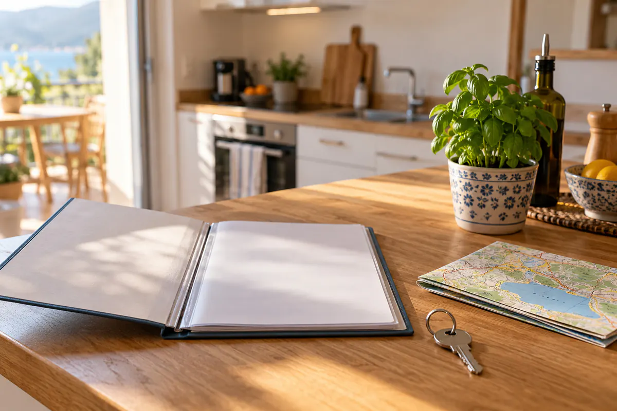 Dossiê de boas-vindas com as regras da casa, a chave e um mapa na bancada da cozinha
