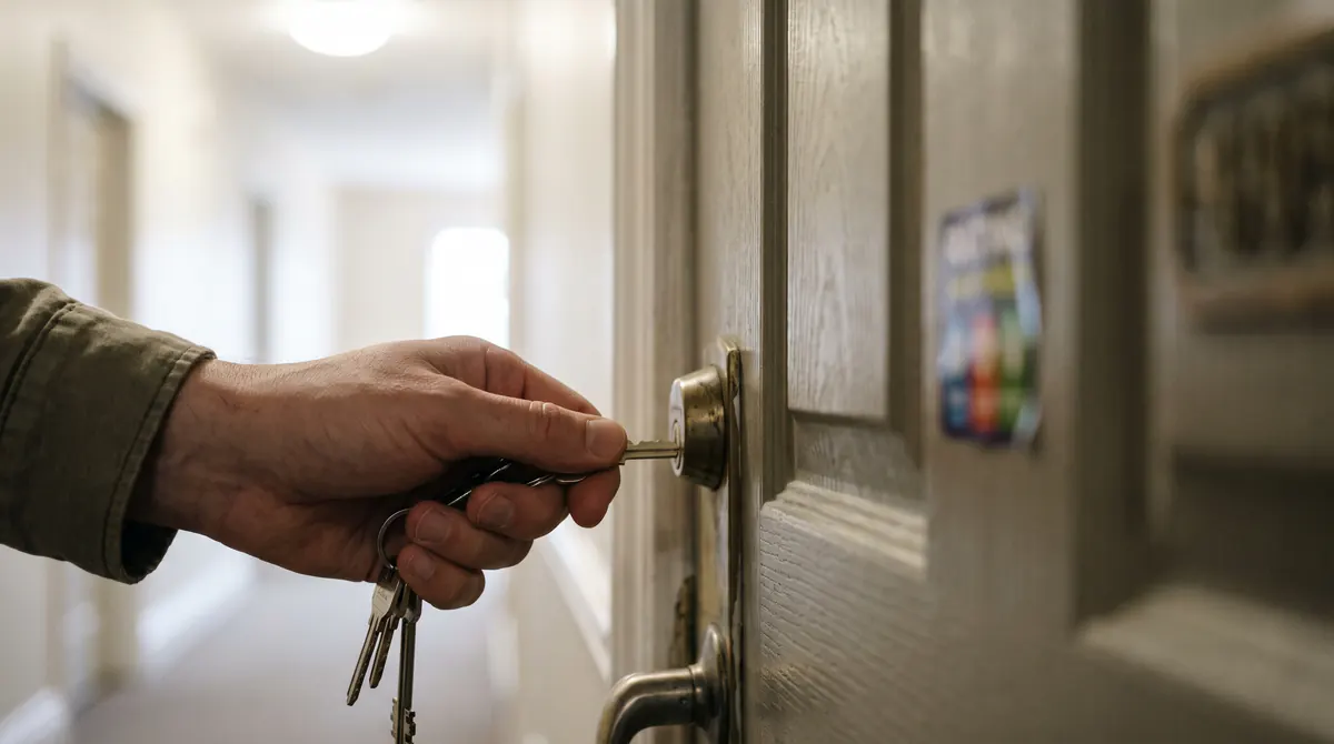 Porte d’appartement avec une petite étiquette colorée entièrement floue, une main avec des clés, couloir clair, aucun chiffre lisible