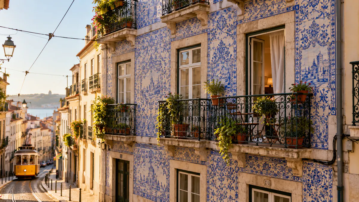 Fachada de azulejos azuis e brancos em Lisboa, com varandas de ferro e o elétrico ao fundo