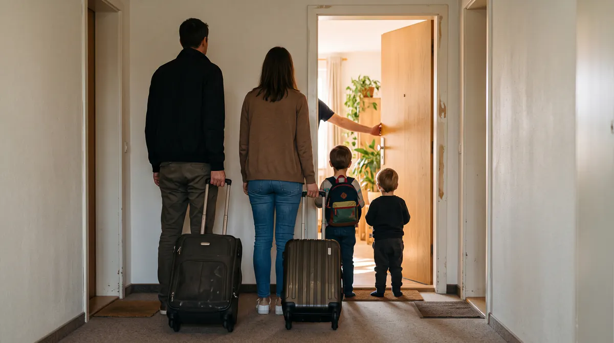 Familie von hinten an der Tür einer Ferienwohnung, zwei Rollkoffer und ein kleiner Rucksack, Nachmittagslicht