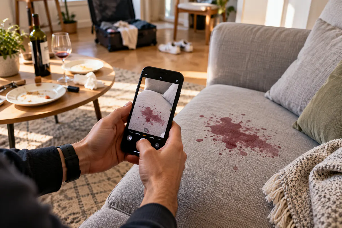 Anfitrião fotografa com o telemóvel uma nódoa de vinho no sofá depois da saída dos hóspedes