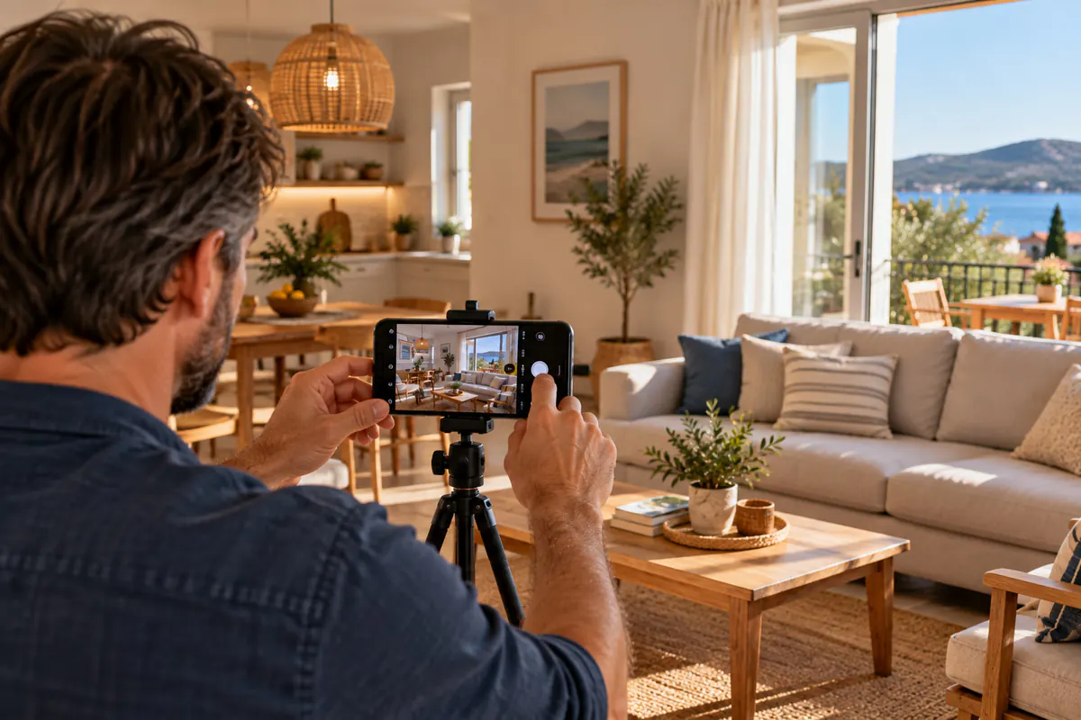 Iznajmljivač mobitelom na stativu fotografira dnevni boravak apartmana za oglas