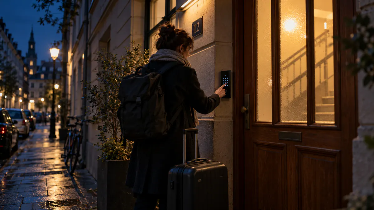 Gast mit Koffer gibt spätabends den Türcode am Tastenfeld des Schlosses ein