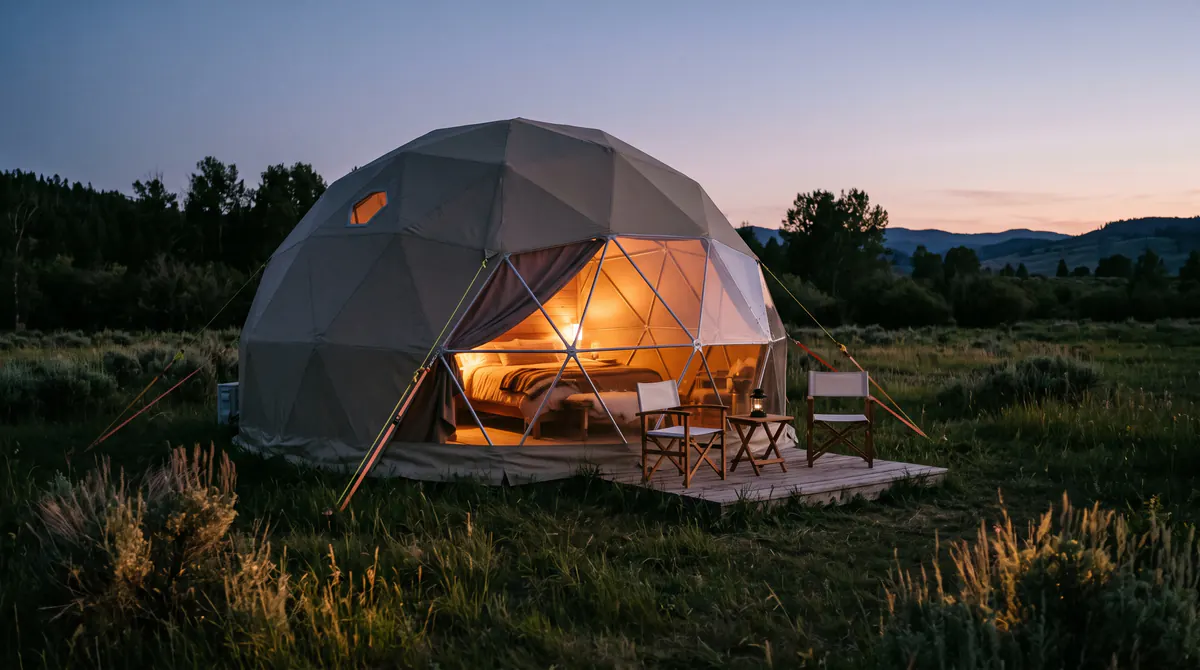Dôme de glamping dans un pré au crépuscule, lumière chaude sous la toile, petite terrasse et deux chaises, herbe vraie