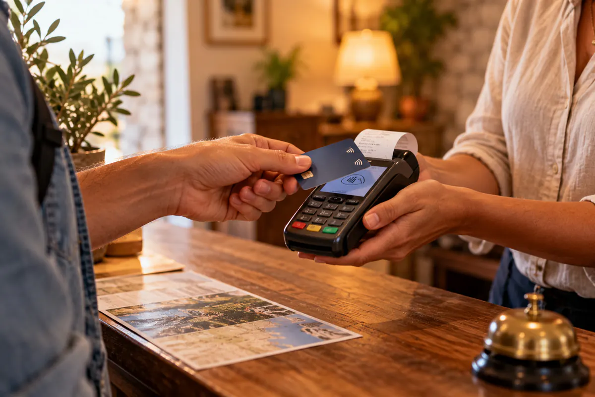Guest paying contactless by card at the counter of a small guesthouse