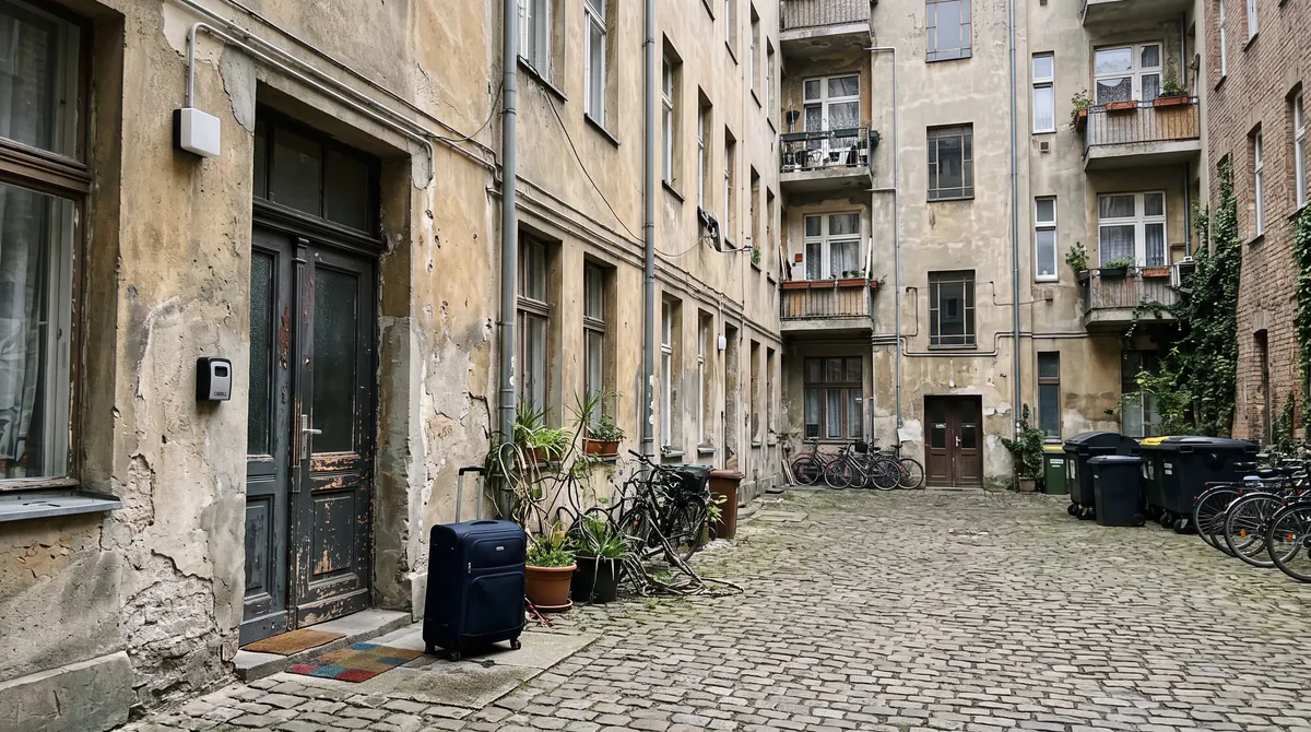 Berliner Hinterhof eines hohen Altbaus, unten eine Ferienwohnung mit Koffer an der Tür, graues Tageslicht
