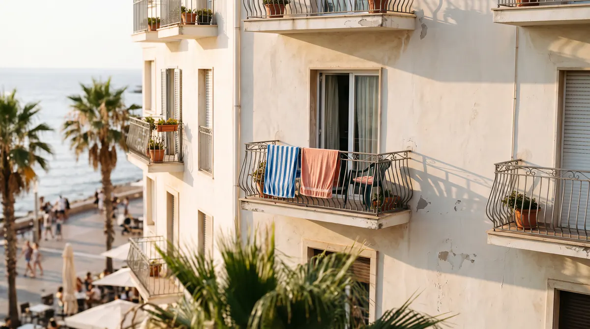 Immeuble pâle face à la mer, serviettes sur un balcon, palmiers et promenade flous en contrebas, fin d’après-midi