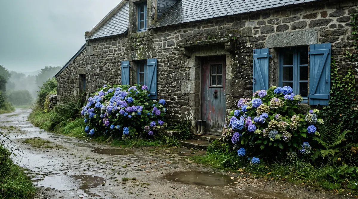 Maison de granit en Bretagne, volets bleus et hortensias mouillés, pluie sur la ruelle, flaques