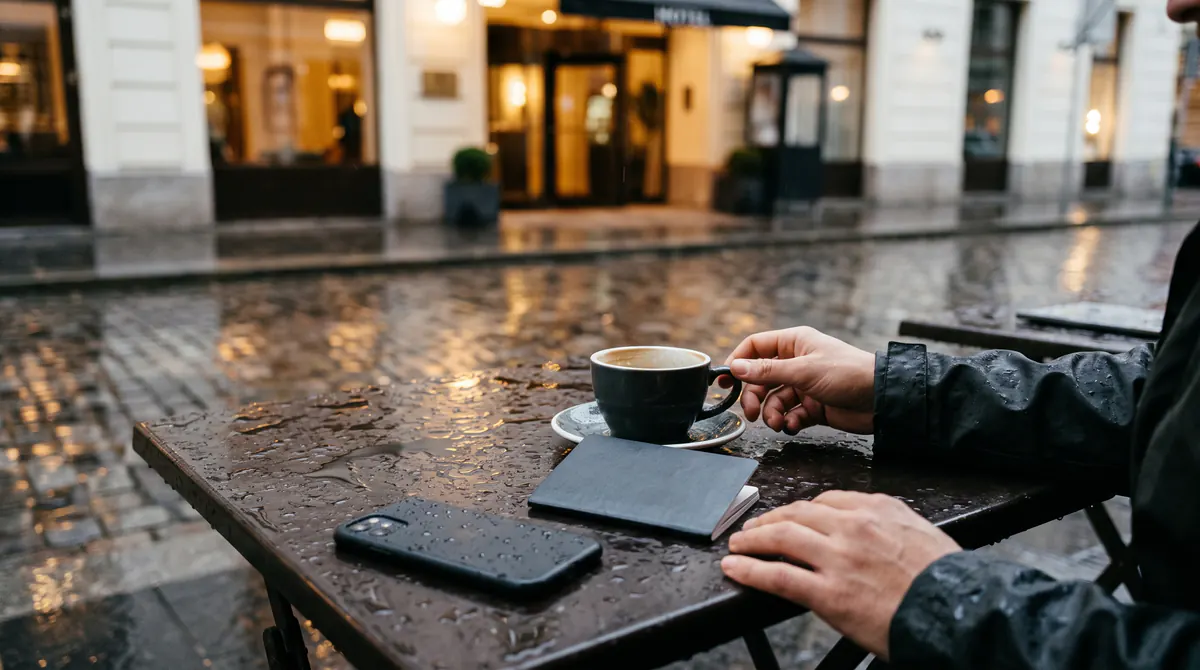 Geschlossenes Heft und umgedrehtes Handy auf einem nassen Cafétisch, im Hintergrund der Eingang einer kleinen Unterkunft