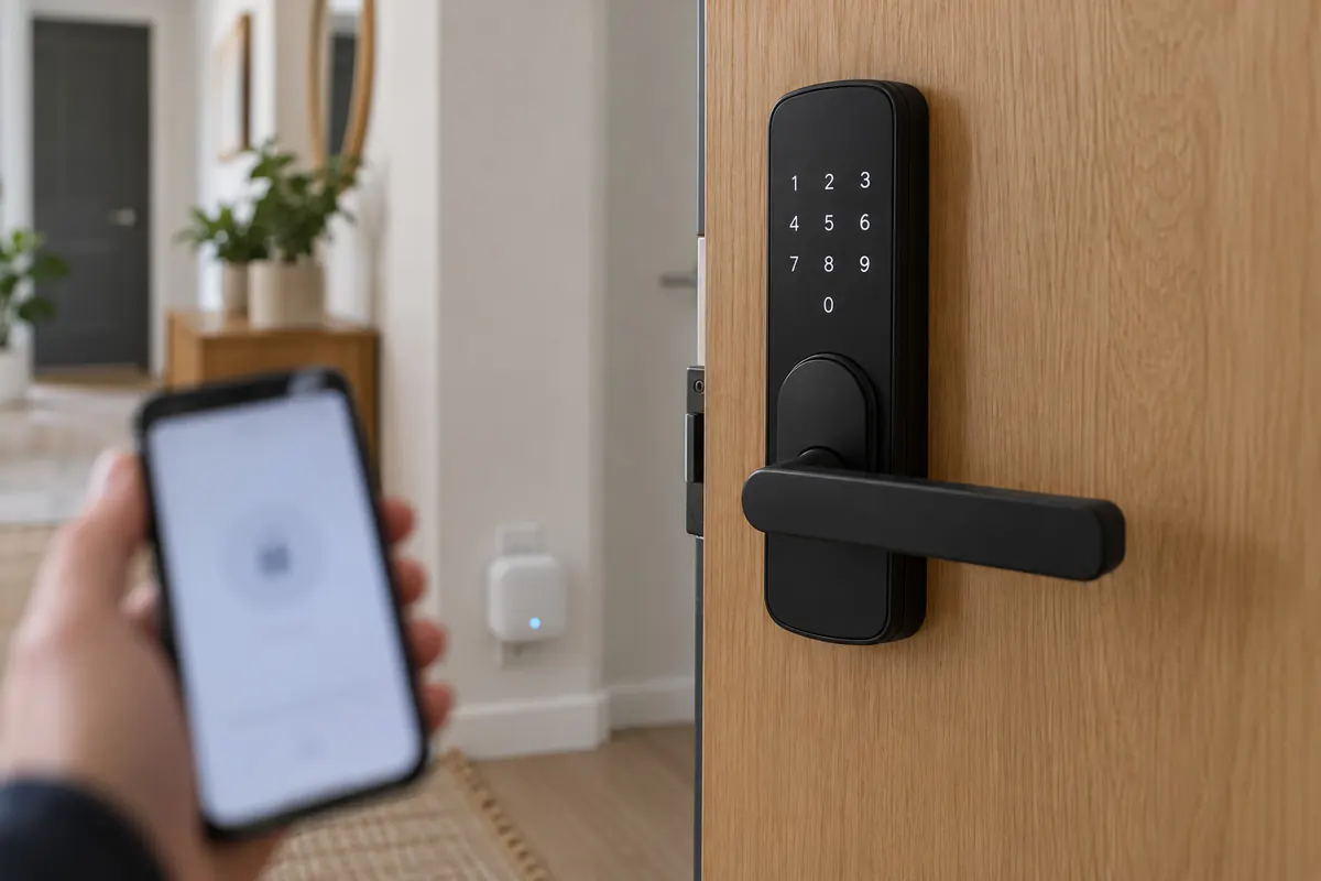 Pametna brava s tipkovnicom i kvakom na vratima apartmana, u ruci mobitel s aplikacijom