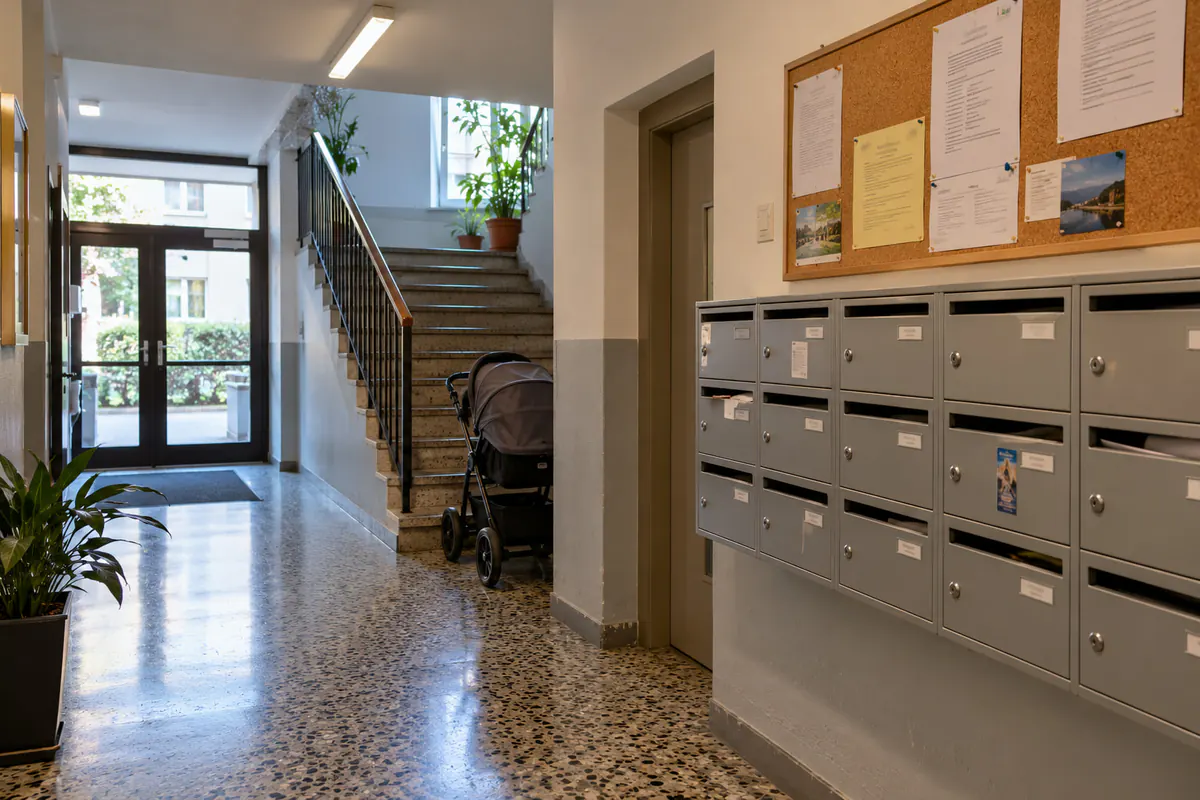 Portal de un edificio de viviendas con buzones, tablón de anuncios y un carrito de bebé