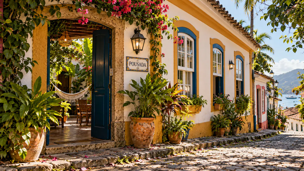 Pousada colonial colorida com portas azuis, plantas e rede na varanda numa rua de pedra