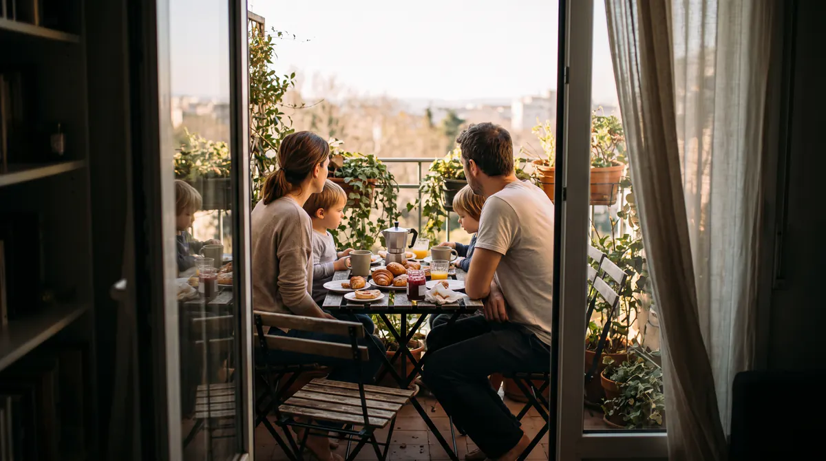 Von innen gesehen ein Familienfrühstück auf einer kleinen Terrasse, Gesichter zum Ausblick, Kaffeekanne und Morgenlicht