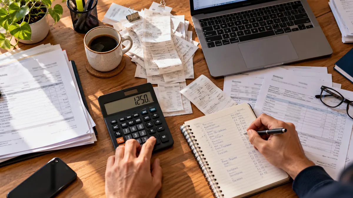 Mesa com recibos, calculadora e caderno para fazer as contas do imposto do aluguel