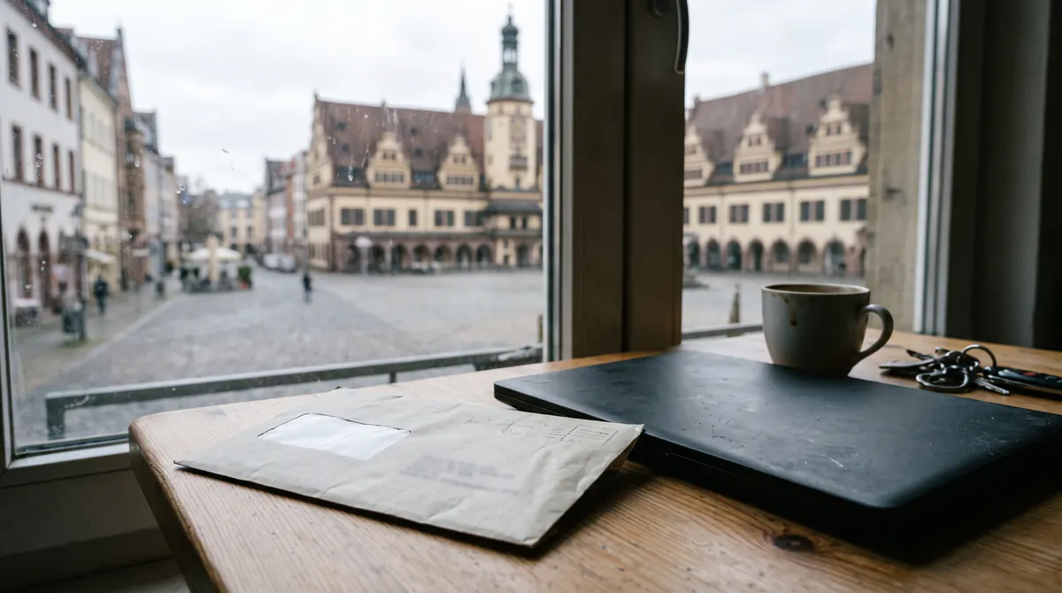 Unleserlicher amtlicher Umschlag neben einem geschlossenen Laptop, durchs Fenster ein unscharfer Rathausplatz