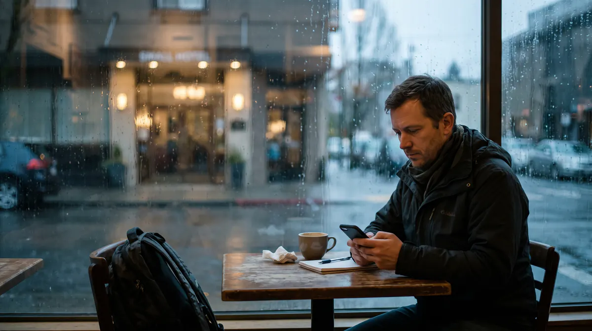 Voyageur à une table de café près d’un petit hôtel, téléphone à l’écran tourné, pluie à la vitre, entrée floue en face