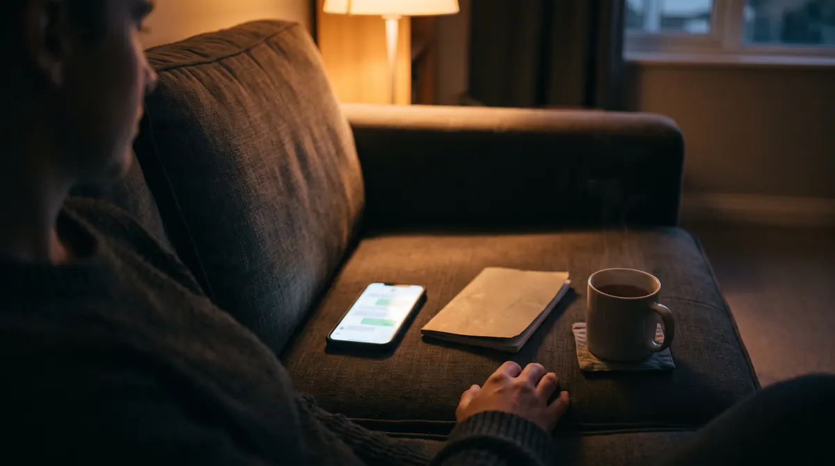 Vu par-dessus l’épaule, un téléphone aux bulles de conversation illisibles et un livret fermé sur un canapé, lampe du soir