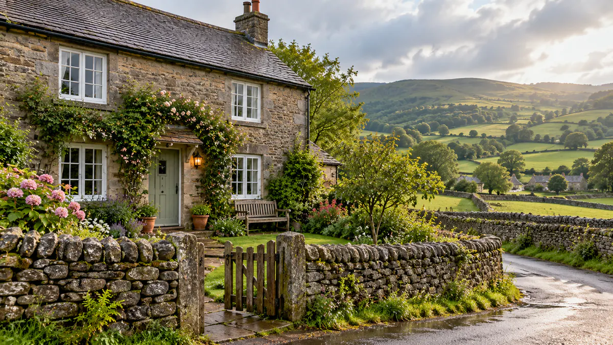 Stone holiday cottage with a garden gate and dry stone wall in green rolling countryside