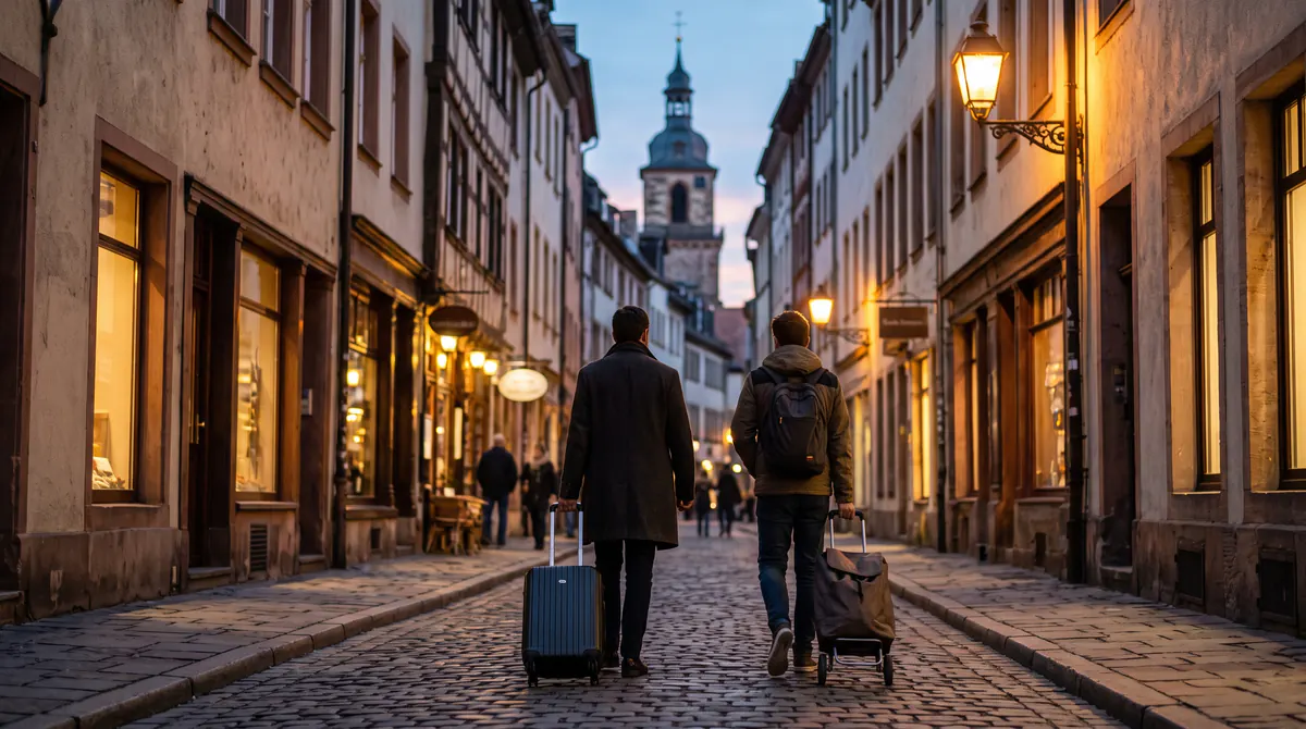 Deux voyageurs tirent leurs valises dans une rue étroite au crépuscule, vus de dos, vitrines chaudes et pavés