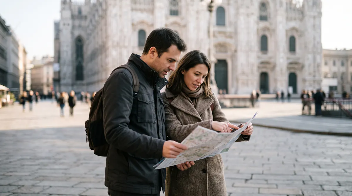 Deux touristes de profil étudient un plan dont l’impression est floue, une cathédrale derrière eux, fin de matinée