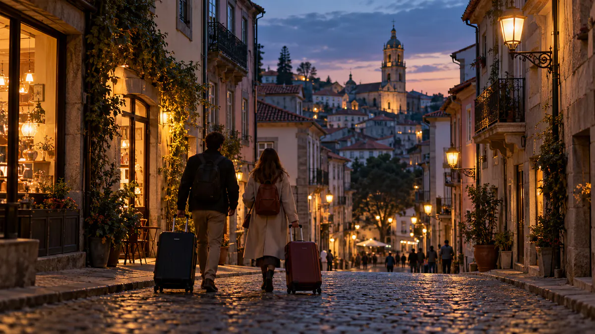 Dois turistas com malas ao entardecer numa rua de calçada do centro histórico