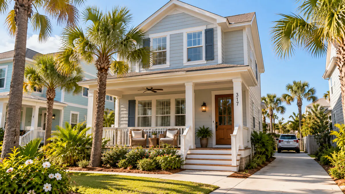 Vacation rental house with a front porch and palm trees in a coastal neighborhood