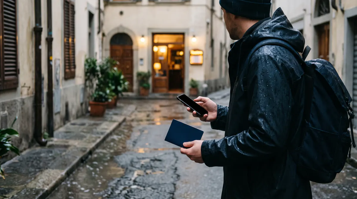 Voyageur de profil sous la pluie, téléphone dans une main et livret fermé dans l’autre, devant l’entrée éclairée d’un petit hôtel