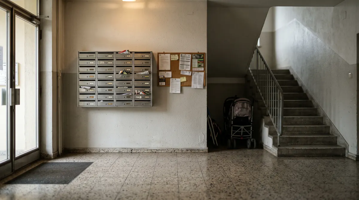 Hauseingang eines Wohnhauses, eine Wand aus Briefkästen, Pinnwand mit unscharfen Blättern, ein Kinderwagen an der Treppe